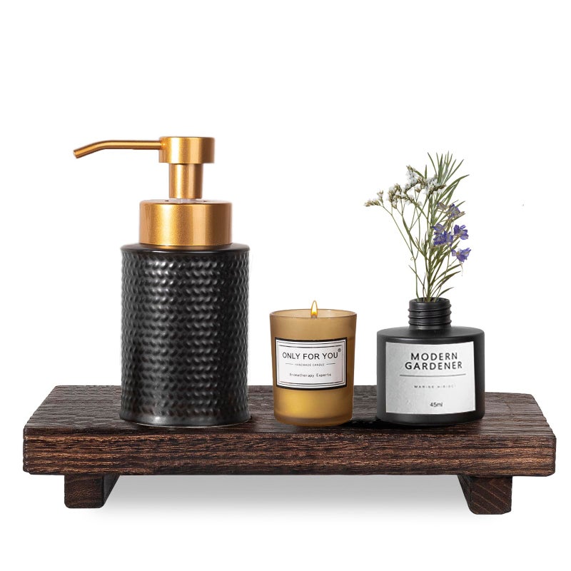 zoocatia Small Wood Tray Pedestal Stand Farmhouse Bathroom Decor Decorative Wooden Riser Kitchen Soap Dish Holder for Vanity  Counter  Sink  Large 11.8"" x 7"" - Dark Brown - Image 2